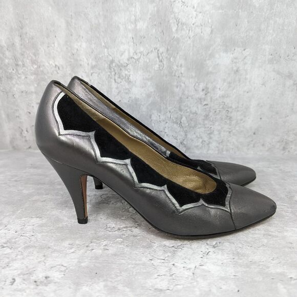 Rare Vintage Bally Pewter Leather Suede High Heels Handmade in Italy Size 5 - Picture 3 of 6